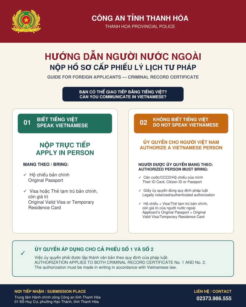 HƯỚNG DẪN NGƯỜI NƯỚC NGOÀI NỘP HỒ SƠ CẤP PHIẾU LÝ LỊCH TƯ PHÁP TẠI THANH HÓA  (Tạo thuận lợi cho người nước ngoài trong thực hiện thủ tục hành chính)
