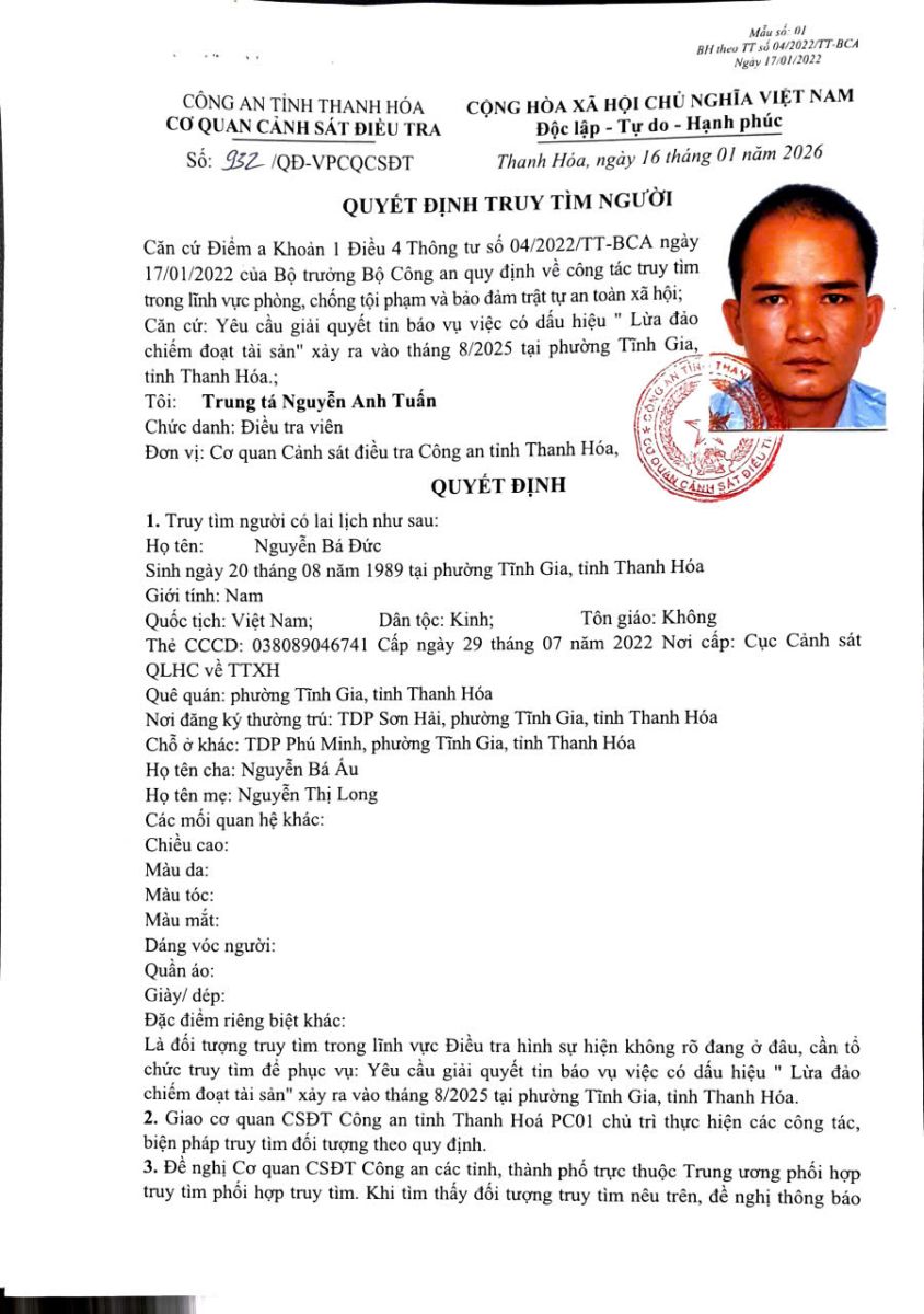 Thông báo truy tìm người số 932/QĐ-VPCQCSĐT ngày 16/01/2026 do Cơ quan CSĐT  ra quyết định