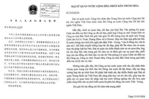 Đại sứ quán Trung Quốc tại Việt Nam gửi Thư cảm ơn Công an tỉnh Thanh Hoá