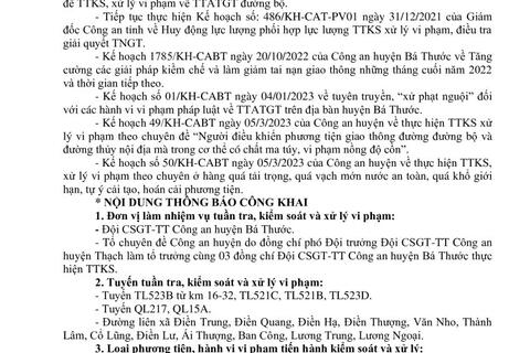 THÔNG BÁO Công khai nội dung kế hoạch tuần tra, kiểm soát xử lý vi phạm hành chính về giao thông đường bộ