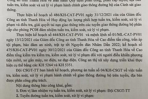 Kế hoạch TTKS công khai của công an thị xã Bỉm Sơn từ ngày24/01/2022 đến ngày 30/01/2022