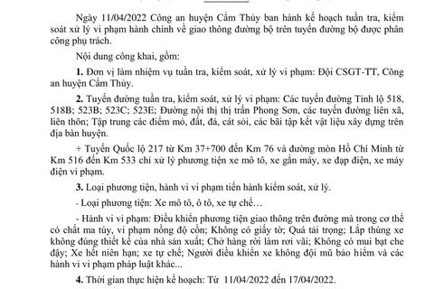 Công khai nội dung kế hoạch TTKS, XLVP của Công an huyện Cẩm Thủy từ ngày 11/04/2022 đến ngày 17/04/2022