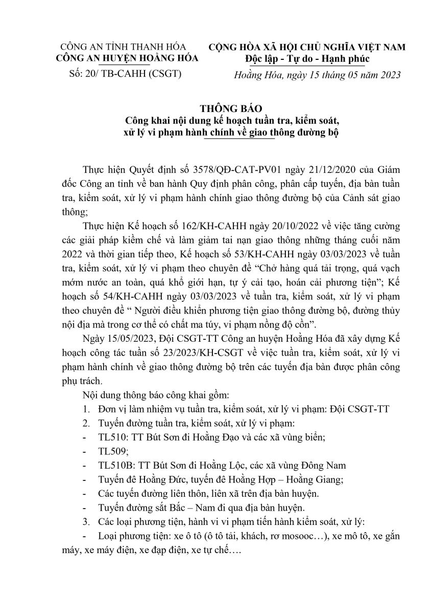 Thông báo công khai Kế hoạch công tác tuần (từ ngày 15/05/2023 đến ngày 21/05/2023) của Công an huyện Hoằng Hóa