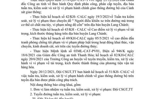 Công an huyện Lang Chánh thông báo công khai kế hoạch TTKS từ ngày 20/12 đến ngày 26/12/2021