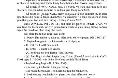 Công an huyện Lang Chánh thông báo nội dung công khai TTKS từ ngày 26/9 - 02/10/2022