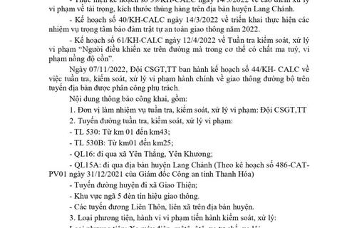 Công an huyện Lang Chánh thông báo công khai kế hoạch TTKS từ ngày 07/11 đến ngày 13/11/2022