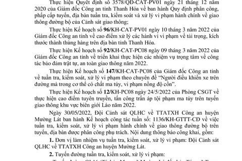 Thông báo công khai nội dung TTKS, XLVP của Đội Cảnh sát QLHC về TTATXH Công an huyện Mường Lát từ ngày 30/05/2022 đến 06/5/2022