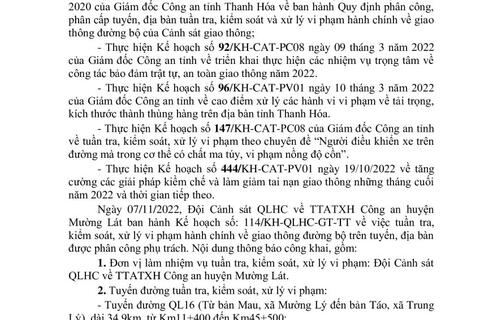 Thông báo công khai nội dung TTKS, XLVP của Đội Cảnh sát QLHC về TTATXH Công an huyện Mường Lát (Từ ngày 07/11/2022 đến 13/11/2022)