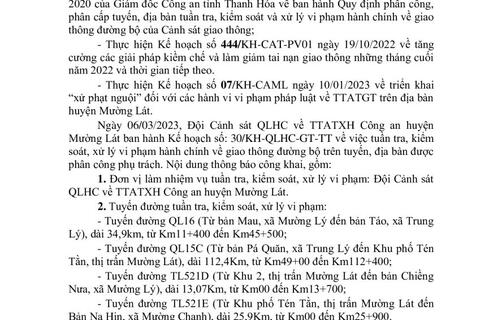 Thông báo công khai nội dung TTKS, XLVP của Đội Cảnh sát QLHC về TTATXH Công an huyện Mường Lát (Từ ngày 06/03/2023 đến 12/03/2023)
