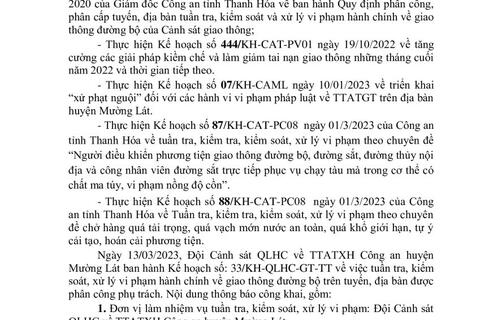 Thông báo công khai nội dung TTKS, XLVP của Đội Cảnh sát QLHC về TTATXH Công an huyện Mường Lát (Từ ngày 13/03/2023 đến 19/03/2023)