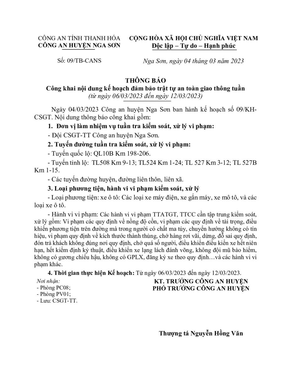 kế hoạch công tác tuần Công an huyện Nga Sơn (từ ngày 06/03/2023 đến ngày 12/03/2023)