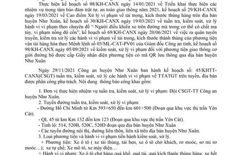 Kế hoạch TTKS, XLVP về TTATGT trên địa bàn huyện Như Xuân từ ngày 29/11/2021 đến ngày 05/12/2021