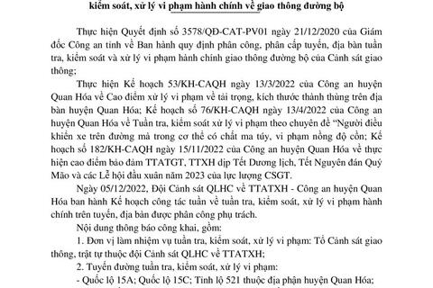 Kế hoạch TTKS, XLVPHC  - Công an huyện Quan Hóa từ ngày 05/12/2022 đến 11/12/2022