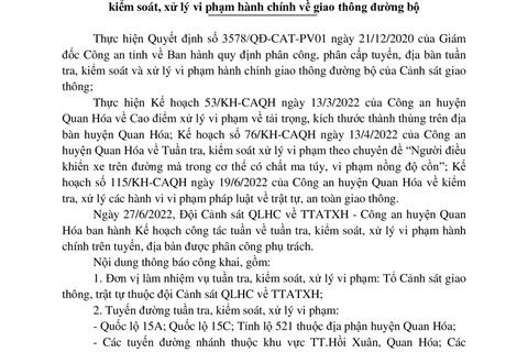 Kế hoạch TTKS, XLVPHC  - Công an huyện Quan Hóa từ ngày 27/6/2022 đến 03/7/2022