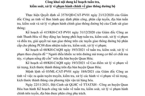 Kế hoạch tuần tra, kiểm soát, xử lý vi phạm hành chính về giao thông đường bộ của Đội CSGT - Công an huyện Quan Hoá ( từ ngày 22/11/2021 đến ngày 28/11/2021)