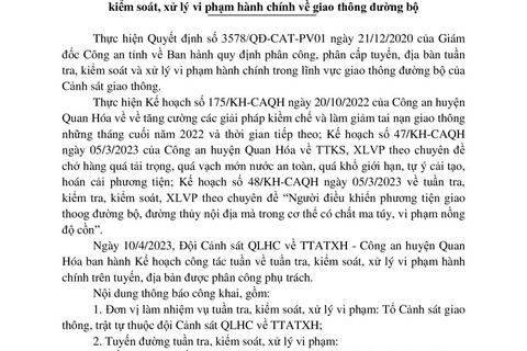 Kế hoạch TTKS, XLVPHC  - Công an huyện Quan Hóa từ ngày 10/4/2023 đến 16/4/2023