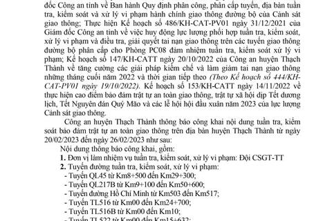 Công an huyện Thạch Thành thông báo  công khai nội dung kế hoạch tuần tra, kiểm soát,  xử lý vi phạm hành chính về giao thông đường bộ (từ ngày 20/2/2023 đến ngày 26/2/2023)