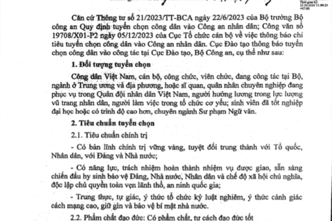 Thông báo tổ chức tuyển chọn công dân vào công tác tại Cục Đào tạo, Bộ Công an