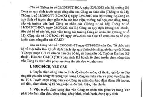 Kế hoạch tổ chức tuyển chọn công dân vào Công an nhân dân, ngành Y khoa theo chỉ tiêu tuyển chọn năm 2024 của Trường Đại học Kỹ thuật - Hậu cần Công an nhân dân
