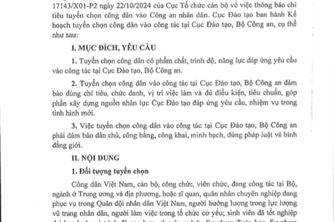 Thông báo tổ chức tuyển chọn công dân vào công tác tại Cục Đào tạo, Bộ Công an