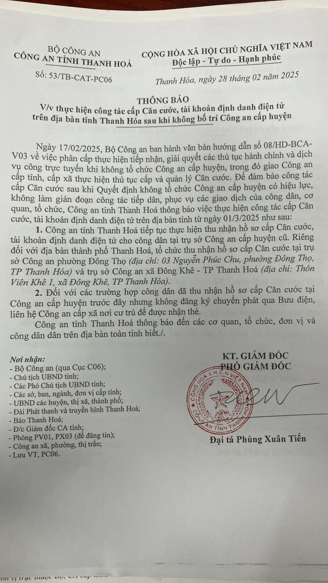 Thông báo về việc thực hiện công tác cấp Căn cước, tài khoản định danh điện tử trên địa bàn tỉnh Thanh Hóa sau khi không bố trí Công an cấp huyện