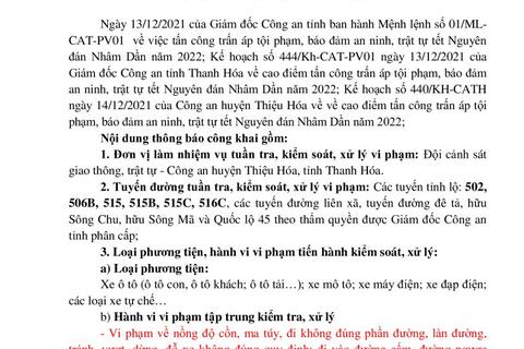 kế hoạch tháng 1 năm 2022 công an huyện Thiệu Hóa