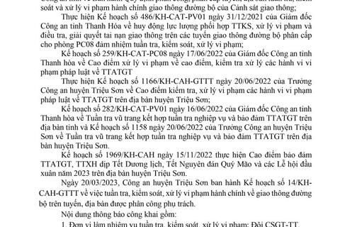Công an huyện Triệu Sơn thông báo công khai nội dung kế hoạch TTKS, xử lý vi phạm về giao thông đường bộ (từ ngày 17/04/2023 đến ngày 23/04/2023)