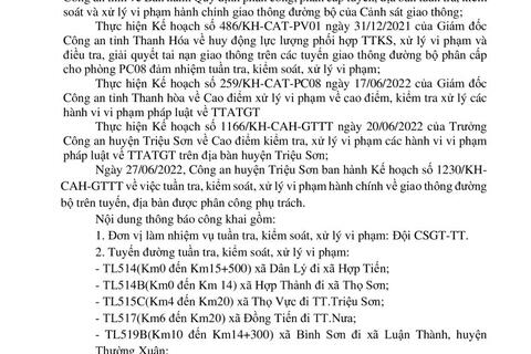 Công an huyện Triệu Sơn thông báo công khai nội dung kế hoạch TTKS, xử lý vi phạm về giao thông đường bộ (từ ngày 27/06/2022 đến 03/07/2022)