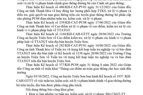 Công an huyện Triệu Sơn thông báo công khai nội dung kế hoạch TTKS, xử lý vi phạm về giao thông đường bộ (từ ngày 03/10/2022 đến 09/10/2022)
