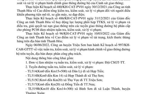 Công an huyện Triệu Sơn thông báo công khai nội dung kế hoạch TTKS, xử lý vi phạm về giao thông đường bộ (từ ngày 06/06/2022 đến 12/06/2022)