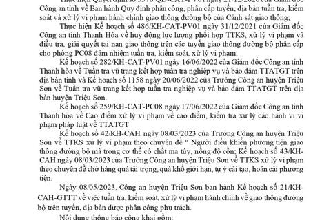 Công an huyện Triệu Sơn thông báo công khai nội dung kế hoạch TTKS, xử lý vi phạm về giao thông đường bộ (từ ngày 08/05/2023 đến ngày 14/05/2023)