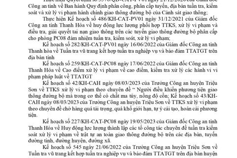 Công an huyện Triệu Sơn thông báo công khai nội dung kế hoạch TTKS, xử lý vi phạm về giao thông đường bộ (từ ngày 10/07/2023 đến ngày 16/07/2023)
