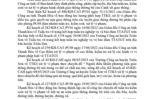 Công an huyện Triệu Sơn thông báo công khai nội dung kế hoạch TTKS, xử lý vi phạm về giao thông đường bộ (từ ngày 19/06/2023 đến ngày 25/06/2023