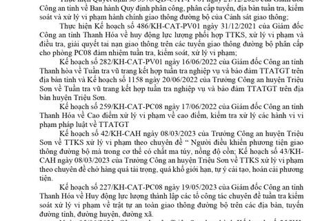 Công an huyện Triệu Sơn thông báo công khai nội dung kế hoạch TTKS, xử lý vi phạm về giao thông đường bộ (từ ngày 05/06/2023 đến ngày 11/06/2023)
