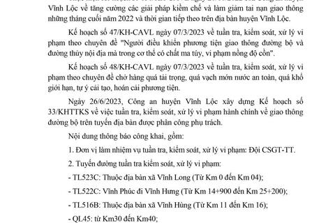 Công an huyện Vĩnh Lộc thông báo Kế hoạch TTKS tuần 33 (từ 26/6/2023 đến 02/7/2023)