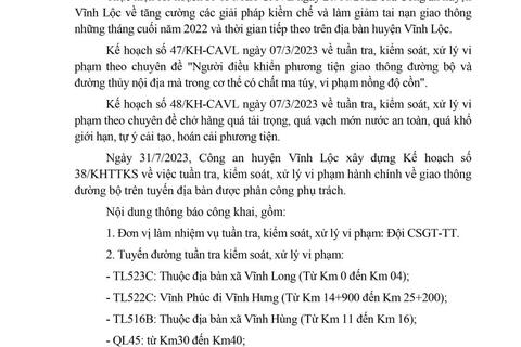 Công an huyện Vĩnh Lộc thông báo Kế hoạch TTKS tuần 38 (từ 31/7/2023 đến 06/8/2023)