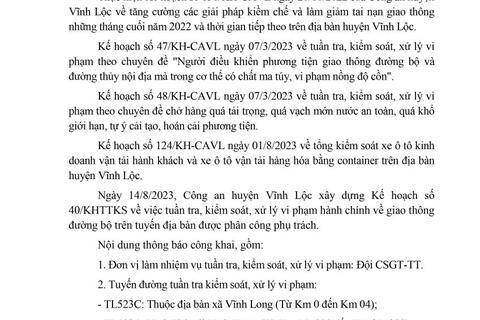 Công an huyện Vĩnh Lộc thông báo Kế hoạch TTKS tuần 40 (từ 14/8/2023 đến 20/8/2023)