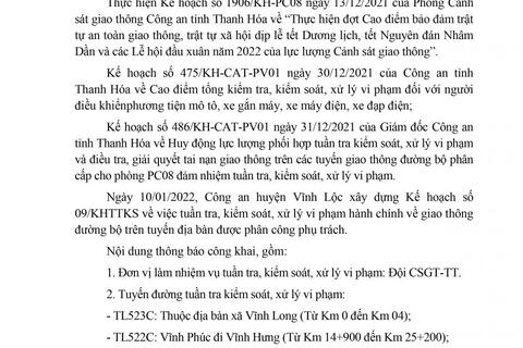 Công an huyện Vĩnh Lộc thông báo Kế hoạch TTKS tuần 09 (từ 10/01/2022 đến 16/01/2022)