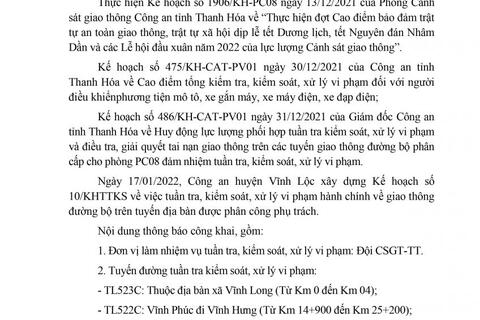 Công an huyện Vĩnh Lộc thông báo Kế hoạch TTKS (từ 17/01/2022 đến 23/01/2022)