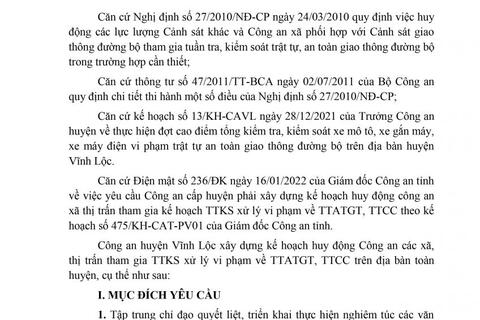 Công an huyện Vĩnh Lộc thông báo Kế hoạch huy động Công an xã, thị trấn tham gia TTKS, xử lý vi phạm về TTATGT