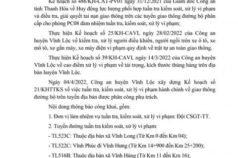Công an huyện Vĩnh Lộc thông báo Kế hoạch TTKS tuần 21 (từ 04/4/2022 đến 10/4/2022)