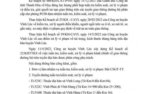 Công an huyện Vĩnh Lộc thông báo Kế hoạch TTKS tuần 22 (từ 11/4/2022 đến 17/4/2022)
