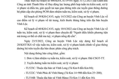 Công an huyện Vĩnh Lộc thông báo Kế hoạch TTKS tuần 28 (từ 23/5/2022 đến 29/5/2022)