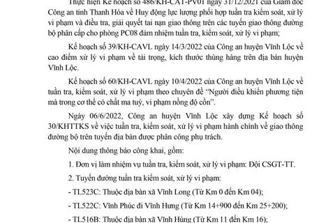 Công an huyện Vĩnh Lộc thông báo công khai kế hoạch TTKS tuần 30 (từ 06/6/2022 đến 12/6/2022)