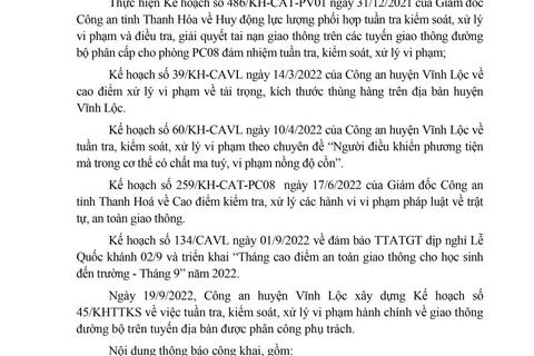 Công an huyện Vĩnh Lộc thông báo kế hoạch TTKS tuần 45 (từ 19/9/2022 đến 25/9/2022)