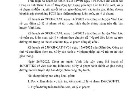 Công an huyện Vĩnh Lộc thông báo Kế hoạch TTKS tuần 46 (từ 26/9/2022 đến 02/10/2022)
