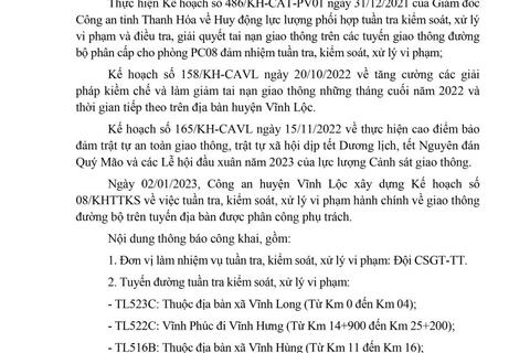 Công an huyện Vĩnh Lộc thông báo công tác TTKS tuần 08 (từ 02/01/2023 đến 08/01/2023)