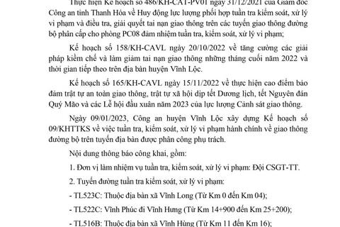 Công an huyện Vĩnh Lộc thông báo kế hoạch TTKS tuần 09 (từ 09/01/2023 đến 15/01/2023)