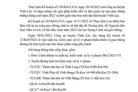 Công an huyện Vĩnh Lộc thông báo kế hoạch TTKS tuần 12 (từ 30/01/2023 đến 05/02/2023)