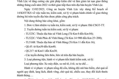 Công an huyện Vĩnh Lộc thông báo Kế hoạch TTKS tuần 14 (từ 13/2/2023 đến 19/2/2023)